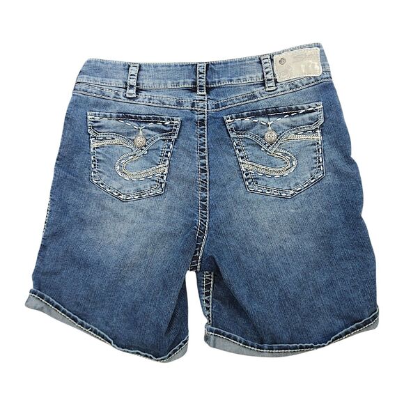 Silver Jeans Co McKenzie Flap Shorts Blue Denim Embroidered Women's Size 14 - Picture 2 of 13